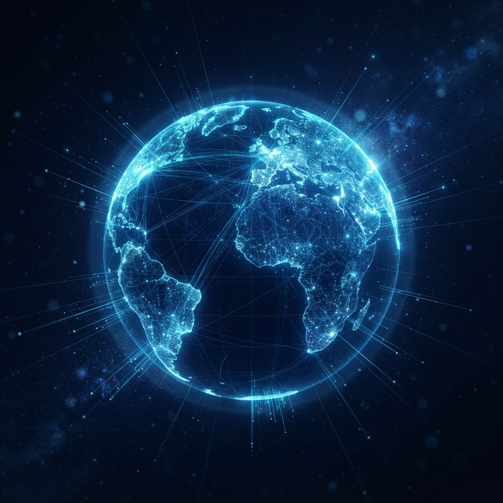 Illustration of a glowing global network of connections